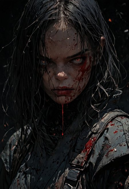 score_9, score_8_up, score_7_up, samurai-girl, (pale:1.9),  (etheral ((upper-body)) portrait), standing, defeated, bleeding, highly detailed, heavy film grain, <lora:zy_Realism_Enhancer_v1:0.75> sinozick style flat color, dark theme