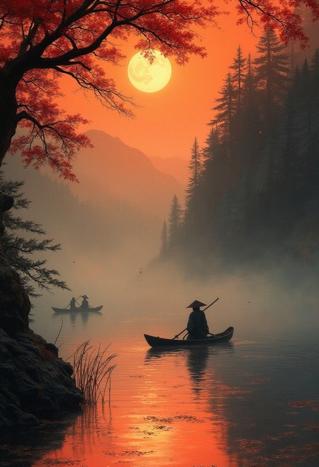 linquivera, Ink illustration, brown tones, aged black red paper, inkpunk, moonlight, surreal, detailmaximizer, BREAK detailed painting of japanese fisherman punting on lake, misty, mount fuji in background, faint sunlight