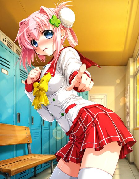 (1girl, solo:1.3), (2girls, 3girls, 4girls, multiple girls, 2boys, 3boys, 4boys, multiple boys:-1.5) <lora:Ainame_Chisato_Hachukano_Illustrious:0.9>, Ainame Chisato, medium breasts, blue eyes, pink hair, short hair, bangs, hair intakes, hair between eyes, sidelocks, bun cover, single hair bun, hair bun, four-leaf clover hair ornament, clover hair ornament, hair ornament, school uniform, serafuku, sailor collar, long sleeves, yellow bow, bowtie, pleated skirt, plaid skirt, red skirt, miniskirt, white thighhighs embarrassed, open eyes, general, contrapposto, dynamic pose, pointing at viewer, upper body, from side, from below, , indoors, locker room, locker, wooden bench, (window:-2.0), <lora:NOOB_EPSv1_1_detailer_by_vlnvk_v1_0:1.5>, (photo background:0.7), evening, (tachibana yuu:0.6), inue shinsuke, (kazuma muramasa:0.0), saikawa yusa, (aoi manabu:0.6), abarerumidori, (suzui narumi:0.6), masterpiece, newest, absurdres, 8K, anime screenshot, anime coloring, flat color, official art, film grain, <lora:illustriousXLv01_stabilizer_v1.185c:0.7>, <lora:LECO_Solo:-4.0>,