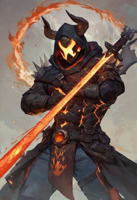 score_9, score_8_up, score_8 (score_9, score_8_up, score_7_up1, a machete made from brimstone and lava, glowing blade and fire effects, helmet, male demon, hidden face <lora:magma_12_lbw_2:1.25>,  headdress, composed of fire elements, hood, cowl