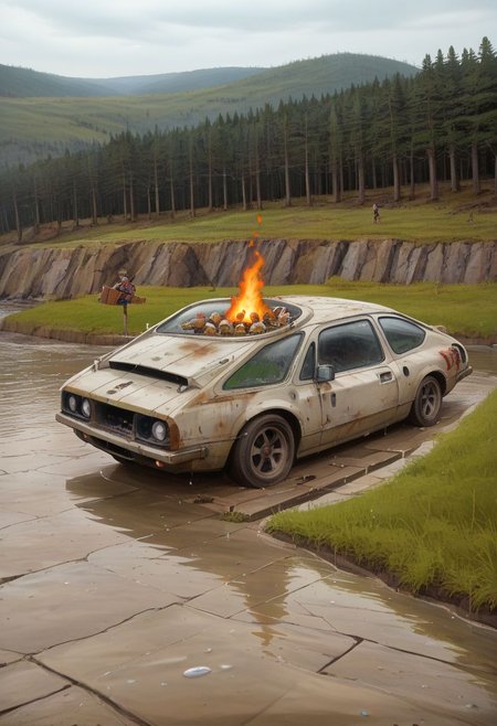picturesque lake surrounded by a forest but is in a polluted dystopian landscape, in the foreground there is lake sign with the text" Croeso y llyn gellynoth. Oes yn y cont Iwan dewch wow."text:" <lora:text:.8>, human fecal matter on the floor in small piles, puddle of human waste wasteland, <lora:falloutlandsdxl:0.8>,  falloutlandsdxl, epic landscape, best quality, masterpiece, award-winning, mushroom cloud, fire, retro-futuristic ruined car,