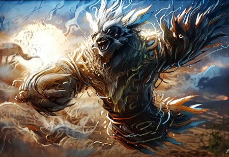 ((solo)),dougi,(earth elemental,Air Elemental,earthshakerpdxl, KassPXL,male,lemur), long body, laughing, flying, surrounded by smoke, mirages, Kalahari desert, oasis, blurry figures, noon, bright sun, wind