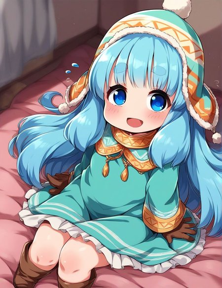 score_9, score_8_up, score_7_up, source_anime, rating_explicit, BREAK  <lora:Runemaster_XL:1>
runemaster, long hair, blue eyes,  bangs, very long hair, aqua hair, thick eyebrows, blue hair, short stack,
1girl, solo, hat, gloves, open mouth, looking at viewer, dress, smile, flying sweatdrops, green dress, long sleeves, brown gloves, blush, sitting,
room,