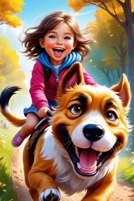 (masterpiece, best quality, high quality, ultra-detailed),
1girl,riding on a big dog,run about wildly,cheerful atmosphere,