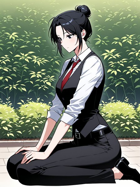 <lora:Omniscient_Readers_Viewpoint__Jung_Heewon:1>
1 girl, solo, black hair, long hair, black eyes, tied hair, hair bun, 
white shirt, red necktie, black vest, black pants, black belt, formal outfit, sleeveless vest, rolled-up sleeves, 
score_9, score_8_up, score_7_up, masterpiece, best quality, absurdres, perfect anatomy, 1girl, solo, wariza, sitting, hands on own knees, garden background