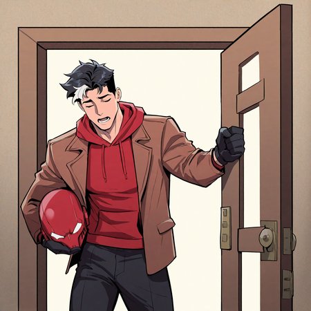 <lora:JASON_TODD-05:1>wfaJasonTodd, 1boy, black gloves, black hair, black pants, brown hoodie, brown jacket, carrying, carrying under arm, closed eyes, cowboy shot, door, gloves, grey hair, helmet, holding, holding helmet, hood, hood down, hoodie, injury, jacket, long sleeves, lower teeth only, male focus, meme, multicolored hair, open clothes, open door, open jacket, open mouth, opening door, pants, red hoodie, red mask, short hair, solo, standing, teeth, two-tone hair, white hair, motion blur, film grain, abstract, natural lighting, fantasy, cinematic, dynamic, very awa, masterpiece, best quality, absurdres, newest, perfect quality, detailed background, intricate details