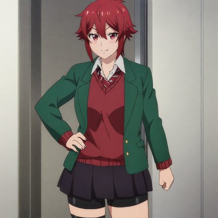 <lora:Tomo_pony_v1:.8>TomoRedSweater, 1girl, red hair, short hair, school uniform, red eyes, pleated skirt, red necktie, bike shorts, jacket, cowboy shot