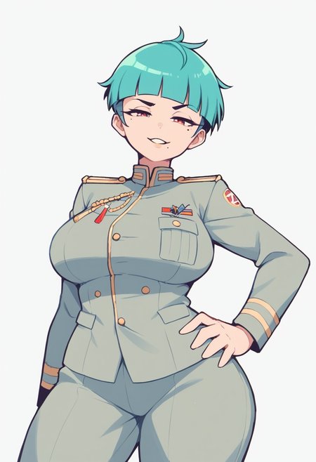 solo, 1girl, turquoise hair, mole_under_mouth, smug, half closed eyes, pixie cut, military uniform, large breasts, head tilt, parted lips, hand on hip, score_9,