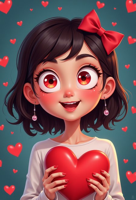 Cartoon, a sweet woman in love, glowing red eyes, heart eyes, <lora:Flux_Aidma\aidmaLOVEboost-FLUX-V0.1.safetensors:0.5:0.5>
