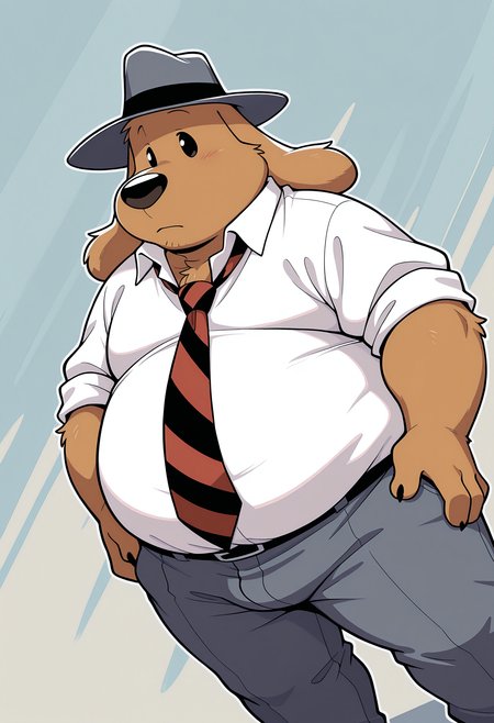 masterpiece, best quality, amazing quality, dynamic angle, dutch angle, abstract background, BREAK
solo, male, furry, anthro, dog, s4mu3ld0g, brown body, long ears, black eyes, fedora, fat, overweight, white shirt, necktie, pants, BREAK
 <lora:Samuel_Dog_-_Sam_and_Max_-_ILXL:1>