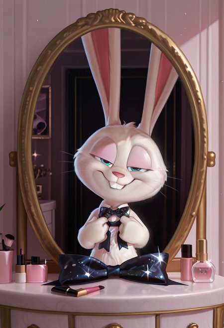 masterpiece, amazing quality, absurdres, ultra-detailed, detailed fluffy fur, no humans, furry male, solo, short, alec_azam, 1boy, white fur, blue eyes, whiskers, buck teeth, grin, teeth, rabbit tail, long ears, (droopy ears:1.1), unaligned ears, smug, half-closed eyes, eyelids, oversized bowtie, black bowtie, sequined bowtie, glitter bowtie, detached collar, adjusting bowtie, hands up, head tilt, fluffy, body fur, fewer digits, 4 fingers, looking at viewer, big head, upper body, 
BREAK
looking at mirror, indoors, vanity table, cosmetics, hollywood mirror, mirror lights, cosmetics, shadow, light particles, detailed shading, WaiIL25PosC