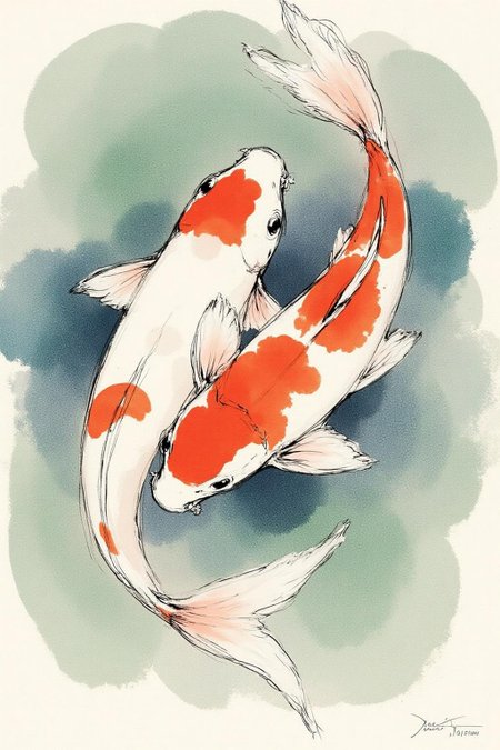nijiwc1 Ink brush style illustration. 
two koi fish side by side in a small pond together. top down view, beautiful colors
 <lora:inkwash_niji_nocap_d6a3:1.0><lora:806968881404044587:0>