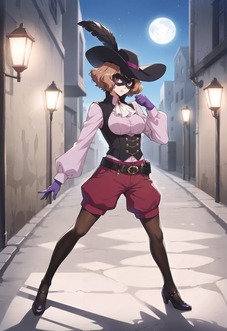 score_9, score_8_up, source_anime
1 girl, solo, cute face,
p5haru, brown hair, short hair, wavy hair,
p5haru-noir, hat, hat feather, domino mask, ascot, pink shirt, long sleeves, vest, underbust, magenta shorts, puffy shorts, legwear under shorts, black pantyhose, purple gloves, belt, bandolier,
outside, full body, dark, alley, street, streetlight, shadows, full moon, starlight, dramatic pose,
masterpiece, best quality, ultra detailed,