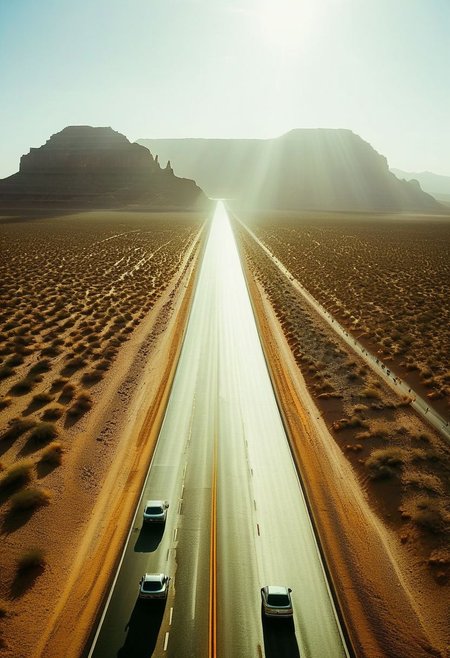 ()Hyoer Realistic:2.0)Polaroid picture of 
 image of a vast, desert interstate highway, stretching out to the horizon with multiple lanes of sleek, silver cars zipping by. The speed limit sign reads 99 MPH, and the road is flanked by towering, sandy dunes that glow golden in the sunlight.
In the center of the view, a majestic mountain rises from the desert floor, its peak shrouded in mist. At the very top, a breathtaking waterfall cascades down the rocky face, creating a misty veil that rises into the air. The contrast between the arid desert landscape and the lush, tropical oasis at the mountain's peak is striking.
Capture the sense of freedom and adventure that comes with driving down this futuristic highway, surrounded by the surreal beauty of the desert landscape.