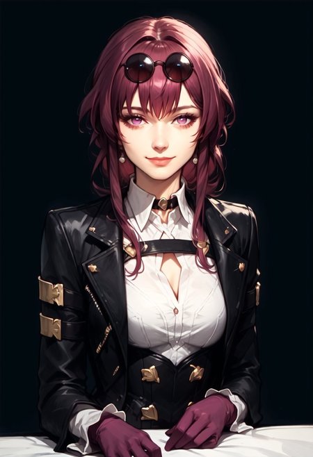 ((zPDXL3)), ((zPDXLxxx)), (score_9), score_8_up, score_7_up, score_6_up, score_5_up, score_4_up, BREAK, 1girl, solo, <lora:kafka xl v1:1> kafka hsr, 1girl, solo, gloves, eyewear on head, breasts, sunglasses, looking at viewer, smile, bangs, closed mouth, upper body, shirt, long sleeves, jacket, purple gloves, white shirt, large breasts, long hair, black jacket, choker,smile, arched back, sexy pose, bedroom, sitting, supermodel , slim, ab_crack, thighhighs, armlet, linea alba, teardrop breasts, 
<lora:d4rk01lXLP:0.55>