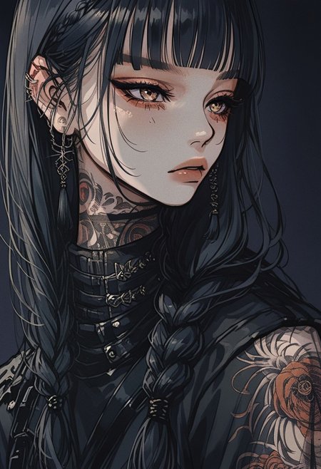 score_9, score_8_up, score_7_up,source_anime,1girl,solo,black hair,long hair,braided ponytail,blunt bangs,brown eyes,perfecteyes,eyebrows,hair behind ear,high neck sleeveles jacket,tattoos,pants,from the side,dark background,sinozick,flat colors,cowboy body shot,at3r4,Kakimaku
