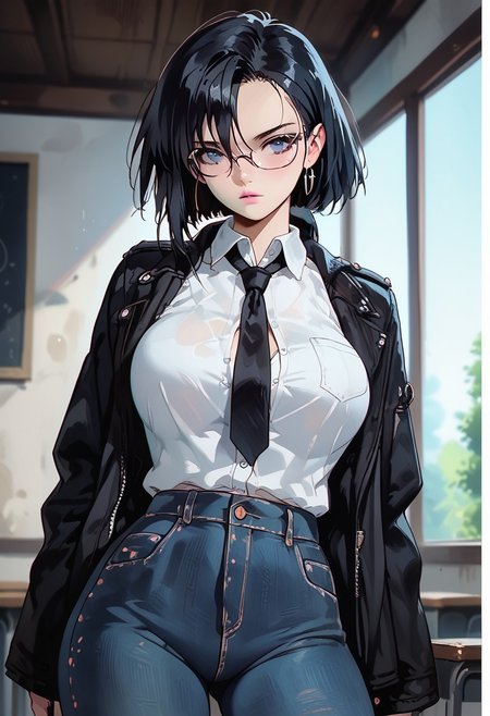 (score_9, score_8_up, score_7_up),  melkor_style,
score_9, score_8_up, score_7_up, score_6_up, score_5_up, score_4_up, source_anime, high detailed, high quality, masterpiece, source_anime, high detailed, high quality, masterpiece, 1 girl, 1 boy, couple, romantic couple, straight, hetero, heterosexual, (1 boy, black eyes, black hair, hair between eyes, short hair, school uniform, frame glasses, button down shirt, tie, jacket, houdie, open jacket, blue eyes, jeans), (1 girl, yaoyorozu momo, long hair, bangs, black hair, ponytail, black eyes, high ponytail, wide ponytail, pink lips, big breasts, school uniform, button down shirt, cleavage, pleated skirt, pantyhose), looking at viewer, low angle, background room, cowboy shot, anime screencap, watercolor \(medium\), traditional media, neon.