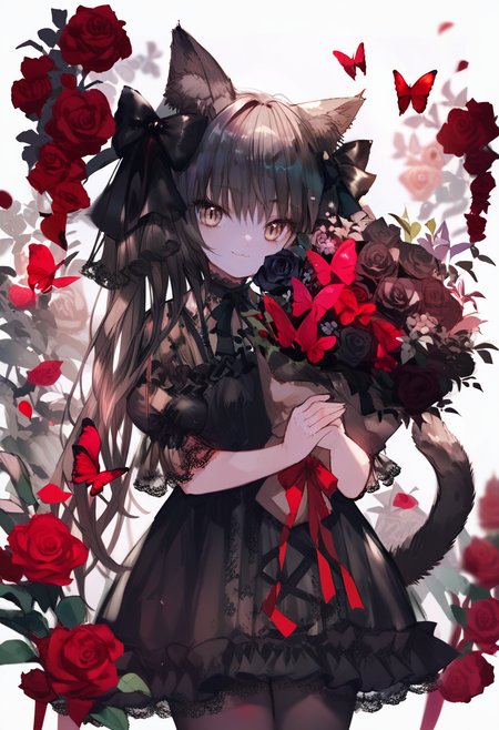 score_9, score_8_up, score_7_up, score_6_up, <lora:oninekoXL_TPN55_lokr_V43P1:0.95>   1girl, flower, solo, rose, animal ears, cat tail, tail, cat ears, dress, black dress, red flower, black hair, long hair, looking at viewer, black flower, red rose, holding, bouquet, cat girl, black rose, pantyhose, short sleeves, smile, cowboy shot, holding bouquet, ribbon, bow, black bow, standing, animal ear fluff, black pantyhose, brown eyes, butterfly, hair bow, puffy sleeves, closed mouth, frills, bug, puffy short sleeves, white background