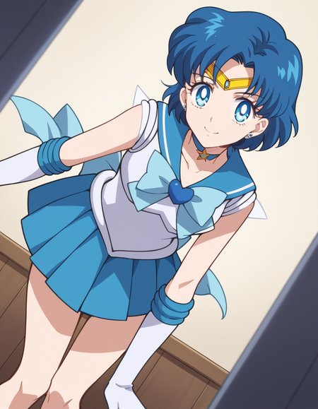 score_9, score_8_up, score_7_up, source_anime, <lora:ami-mizuno-eternal-movie1-ponyxl-lora-nochekaiser:1>, ami mizuno, blue eyes, blue hair, short hair, parted bangs,, back bow, blue bow, blue choker, blue sailor collar, blue skirt, bow, choker, earrings, gloves, jewelry, magical girl, miniskirt, pleated skirt, sailor collar, sailor senshi uniform, skirt, stud earrings, tiara, sleeveless,, indoors, bent over, smile, looking at viewer, solo,, cowboy shot, dutch angle