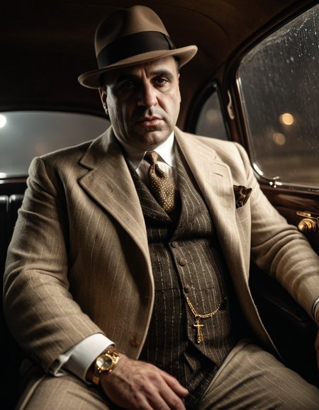 (Cinematic film still:1.7) Dark Moody Atmosphere, A photography portrait of Al Capone, sitting in the back of his sedan car, very  intimidating and pissed expression, chicago foggy nightime, smoky, in his signature pinstripe suit, (beige alpaga surcoat:1.3), (golden ring:1.2) and (pocket watch), (borsalino:1.4) hat, highly detailed, vintage sepia tones, trending on Artstation, hyperrealistic, hyperdetailed, intricate, textured <lora:xl_more_art-full_v1:0.3> <lora:Action-sdxl-V0.5:1.3> in a zdyna_pose, dutch angle, from below,  wide camera angle actions scene, (foreshortening:1.5),, dramatic, mysterious, dark moody atmosphere . shallow depth of field, vignette, highly detailed, high budget, bokeh, cinemascope, moody, epic, gorgeous, film grain, grainy