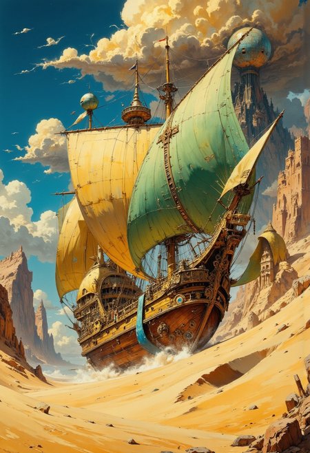 masterpiece, we see a magnificent sailing ship from a fairytale land sailing through the sand of a desert, golden hull, green huge sails, many decorations and ornaments on the ship, huge, plows the desert sand, sand splashes sideways, mountains in the background, alien castles with round domes on mountains, yellow brown dramatic cloud  with blue sky, frazetta style