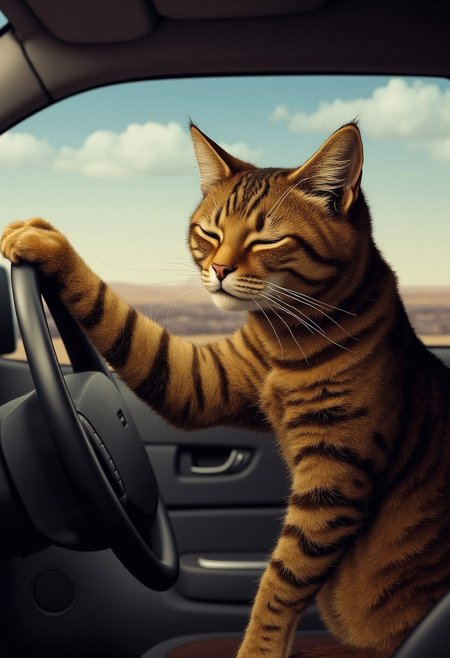 act1vate. Surreal closeup of a sleepy tabby cat driving a car at high speed. The cat is sitting on the driver's seat with it's paw up on the steering wheel.