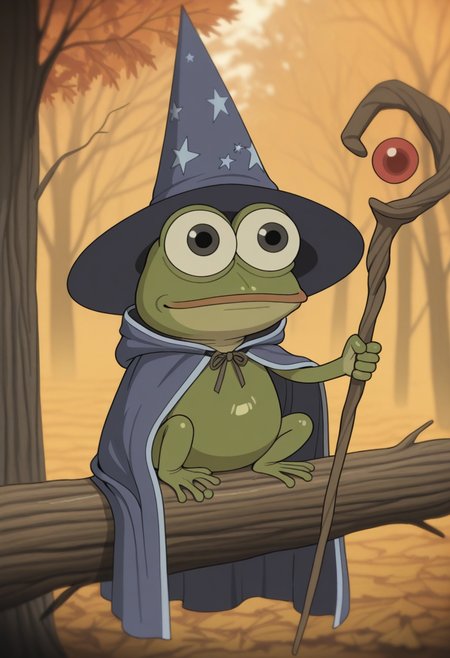 W411,   masterpiece, best quality, solo,                                                                                                                  pepe the frog,  autumn tree background, perched upon a log, cute,   (detailed body), big eyes, shiny skin, green skin, wizard hat, wizard outfit, holding magical wizard staff,