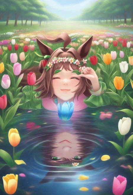 (umamusume, rhein_kraft_(umamusume), horse_ears, horse_girl, tail, 1girl, ahoge, animal_ears,)
casual, Tulip,Tulip flower, Tulip flower_field, 
head_wreath, looking_at_viewer,  solo, aesthetic, absurdres, symmetric , , g0ldsw0rthy,
(realistic, photo,  artistic, medium_hair, one_eye_closed, petals, relaxing, smile, spiralling vortex made of multicoloured tulips, lush foliage sunrise,  ripples, reflective, jaynl-tm, rainbow,green_eyes, hair_between_eyes, hair_ornament,  : 0.7)