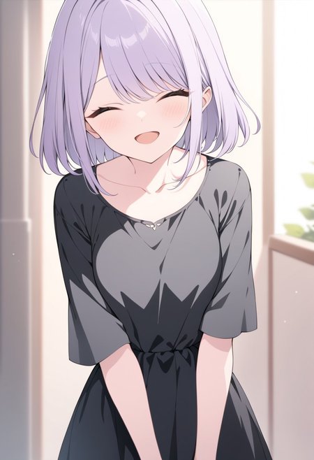 masterpiece, best quality, 32k, high resolution, absurdres, amasawa kyou, open mouth, collarbone, closed eyes, looking at viewer, black dress, dress, blurry background, indoors, day, :d