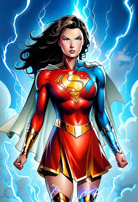 ((((8k)))), highres, ((Mary Marvel)), long hair, cape, top, long sleeves, bracer, belt, skirt, knee boots
electricity, lightning, glowing, cloud, magic