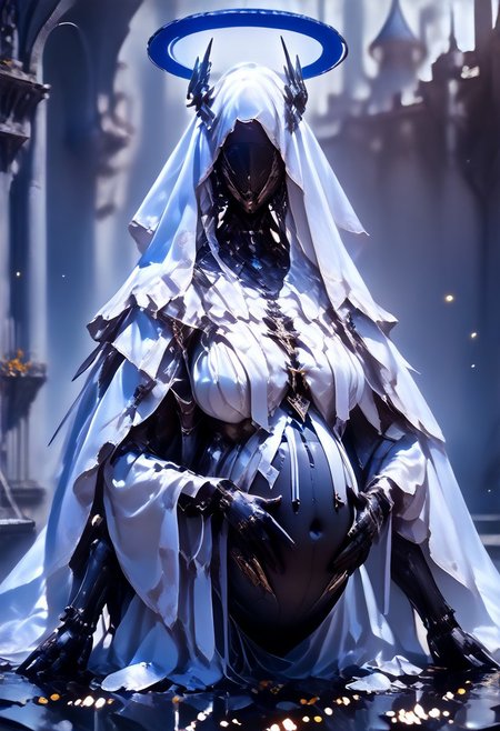 ((Realistic)), (score_9, score_8_up),((Pregnant)), score_7_up, ((wing)), 1girl, jewelry, hood, necklace, armor, mask, halo, helmet, cross, (crown), veil, cloak, spikes, robe, covered face, al13ng0d, solo, veil, black skin, hood up, (((huge breast, saggy breast))), ((mcnm)), (blurry background), dark, CINE, (embers:1.4),
,
Break
((4arms, 4arm, navel)), hand gesture, depth of field, hand gesture, dark and moody lighting, ruins, cathedral, feathered wings, wading, floating, angel wings, white wings, 
 <lora:unholy-000009:0.75>   <lora:CINE-000008:0.5>  <lora:add-detail-xl:-1> <lora:EnvyBetterHiresFixXL01:0:hr=1>