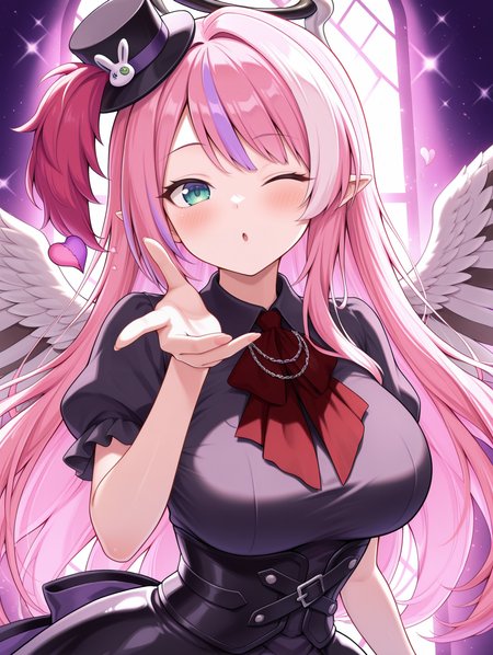 angel,ghostrick angel of mischief,1girl,solo,one eye closed,stitched heart,blush,upper body,looking at viewer,open mouth,large breasts,hand up,medium breasts,black layered dress,red ascot,black corset,black mini top hat,blowing kiss,spread wings,purple theme,
masterpiece,best quality,amazing quality,very aesthetic,absurdres,newest,<lora:Ghostrick Angel of Mischief illusXL v1:0.75>,