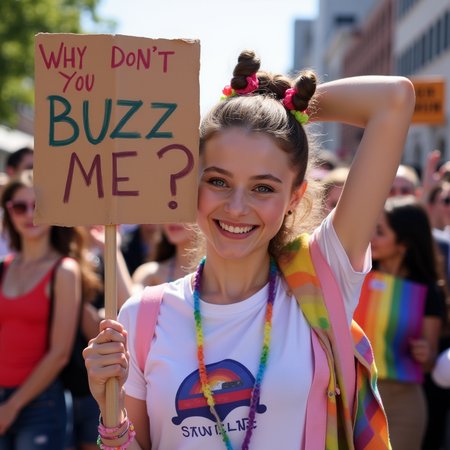 high definition, extremely detailed, 
masterpiece, photo realistic, 

A 19-year-old girl thomasinara is joyfully participating in an LGBT support parade. She holds a sign with a slogan says "Why don't you Buzz me?", her face beaming with excitement and determination. The vibrant colors of the parade surround her, reflecting her enthusiasm and the festive atmosphere. Her eyes sparkle with passion as she marches forward, embodying the spirit of unity and celebration. The scene captures her energy and the collective joy of the crowd, making it a moment of pure, unfiltered happiness and solidarity.
