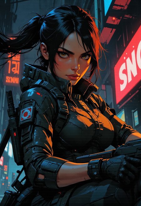 magnificent, closeup portrait, female bounty hunter, braided black hair, futuristic armor, bodysuit, armor plating, cybernetic equipment, sexy, curvy, large breasts, large ass, aiming an assault rifle, assault rifle, aiming rifle, holstered pistol, Cyberpunk City, Neon Lights, foreshortening,
solo, 
Cowboy Shot, close up, from above,