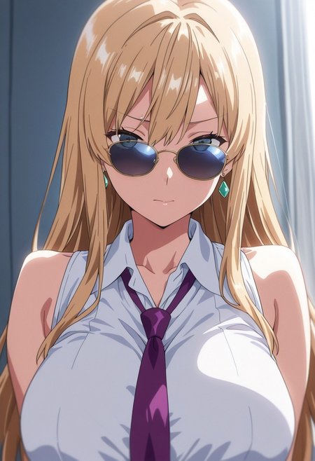 imaria, 1girl, solo, long hair, breasts, looking at viewer, blonde hair, simple background, shirt, white background, jewelry, closed mouth, white shirt, upper body, earrings, necktie, sleeveless, collared shirt, black eyes, sleeveless shirt, sunglasses, purple necktie, masterpiece, best quality, amazing quality, very aesthetic, absurdres, newest, scenery, volumetric lighting