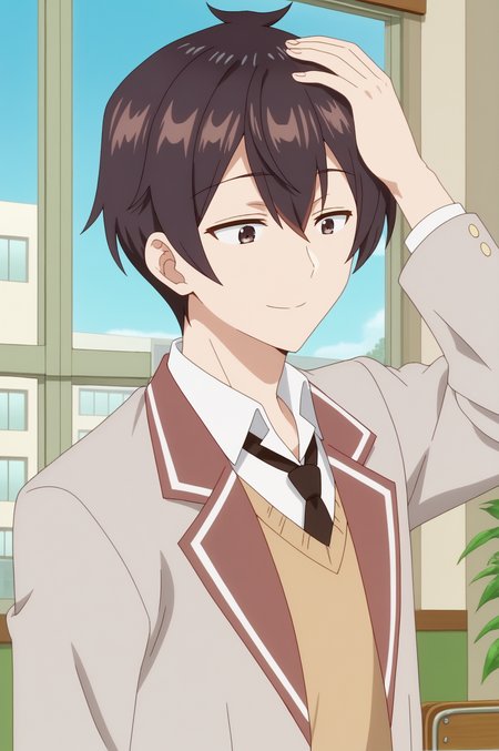 masachika kuze,anime screencap,male focus,solo,mature,short hair,school uniform,black hair,hair between eyes,light smile,indoors,school uniform,necktie,white shirt,classroom,windows,sky,plant,hand on head <lora:Masachika_Kuze - PDXL2.safetensors:0.8> <lora:detailed_backgrounds_v2:0.8>