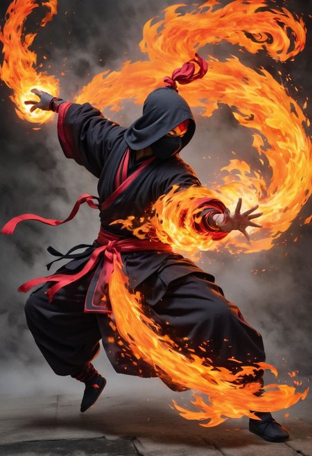 Ninja unleashes monk's fire: fierce multi-colored flames engulfing foes, inferno illuminating darkness, deadly precision, swift strikes, scorching heat, enemies incinerated, monk's teachings mastered. Empty hands. ral-dissolve. DEVIL SPAWN. Perfect Hands