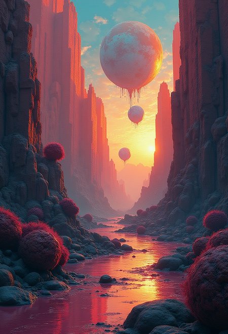 An abstract, vibrant landscape with floating geometric shapes, melting clocks, and a sky filled with impossible, fractal patterns, 
in the style of the eerie ambiance of Ridley Scott's 'Alien' with 80s sci-fi nostalgia. Blend dreamlike, claustrophobic spaces, grimdark Warhammer 40K magic, and campy yet sinister tones. Envision a surreal, dystopian world where arcane forces meet retro-futuristic sci-fi, creating a uniquely haunting tableau