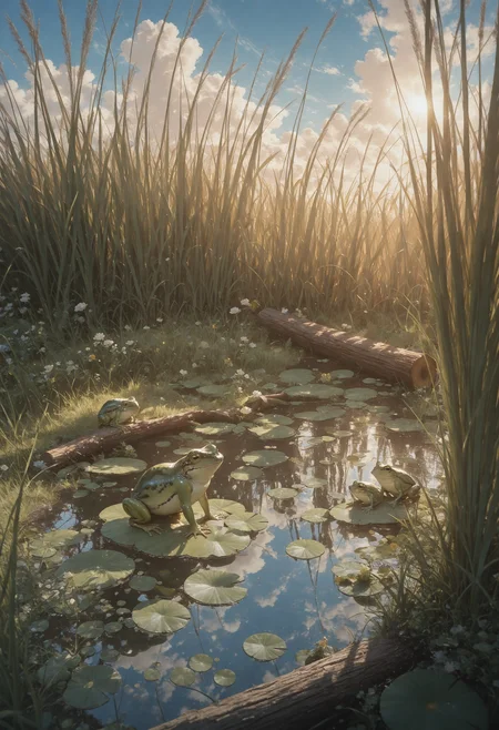very awa, masterpiece, amazing quality, best quality, newest, very aesthetic, absurdres,
no humans, animal, animal focus, frog, 
green frog, 
outdoors, pond, lily pad, grass, tall grass, tall grass surrounding the pond, blue sky, fluffy clouds, log, 
dreamy atmosphere, warm sunlight, pond plants, pond grass, detailed background, 
XUER guangying, 
 <lora:NOOB_vp1_detailer_by_volnovik_v1:0.3>  <lora:ponyv6_noobV1_2_adamW:0.3> <lora:KonyaKarasue:0.3>  <lora:ç»ªå¿ åæ¶æå¾åå½±è´¨æå¢å¼ºV3:0.4>