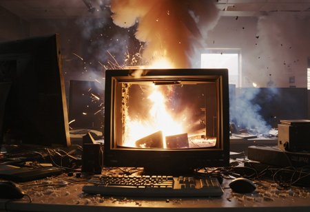 Niko Bellic is operating a computer, (It says "404" on the screen:1.5), A blown-up computer on a desk,  Ruined Keyboard, Ruined Mouse, Ruined Monitor, Fire, thunder and lightning,smoke, the room that exploded, explosion artstyle, close-up, cinemascope, film, lens, cinematic, shown from reverse