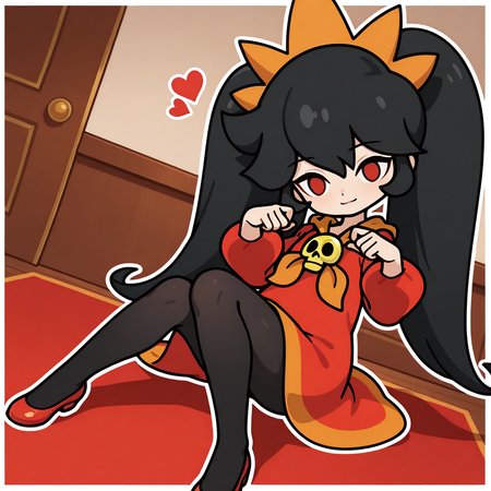 AshleyWWG, 1girl, solo, chibi, black hair, two large pigtails, bang, orange tiara, red eyes, red long-sleeve dress, orange neckerchief, golden skull brooch, black tights, red shoes, looking at viewer, heart , Sitting, (light smile, dutch angle, naughty pose, looking at viewer, solo, dynamic pose, indoors, elegant room, full_body, head tilt,),(( White frame, white outline))