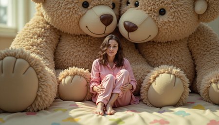 cinematic still, a tiny 1 inch tall raw photo, a miniature woman wearing pink pajamas sitting comfortably amidst a group of large, plush teddy bears on a  girl's bed. The bedspread is soft and colorful, adorned with playful patterns, while the towering teddy bears surround her like friendly giants. The woman, dressed casually, leans back against the fluffy belly of a bear, her legs crossed as she relaxes, almost disappearing into the cozy pile of teddybears. Sunlight filters in through the window, casting a warm glow over the room, highlighting the soft fur of the teddy bears and the tiny womanâs peaceful expression, as if she's found a serene moment in this oversized, whimsical world.
