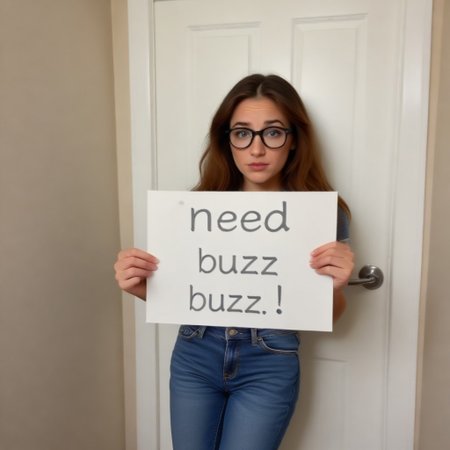 need_buzz, holding sign, Best quality, 1girl, cute girl 25 years old. She is nearly wetting her jeans. She is outside the bathroom door. Sign on door says ”100 buzz entry” Looking at viewer with pledging eyes, teared up. young adult cute model. High resolution. Photo realistic. Extremely detailed face. Extremely detailed eyes. Big eyes. Wearing nerdy glasses. Cute face. Holding water bottle. Slightly bent over. Crossing legs.