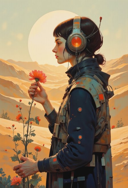 drkfnts style, DB4RZ, DB4RZ style painting, ck-70scf, OBxiaoxiang, R3alisticF, Steve McDonald Art, a highly detailed digital painting of a lone female figure in a desolate expansive desert landscape stands in a quiet, sunlit clearing, holding a single flower in their hand. There is no additional flora in the image. The bloom is delicate, its vibrant petals trembling in the soft breeze. there is nothing to be seen for miles except dunes of sand. The figure is wearing futuristic over-ear headphones. The figure’s face is soft in expression, caught in a moment of stillness, as if they are watching something fragile grow in the silence of the world around them. 
The composition is dominated by gold, navy blue, orange, and red tones.