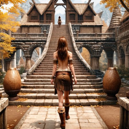 Masterpiece,absurd resolution,8k,high resolution,
 <lora:SkyrimLandscapes:0.8>,
skyrimlandscapes, 1girl, solo, scenery, brown hair, from behind, architecture, outdoors, tree, long hair, boots, walking, day, stairs, east asian architecture