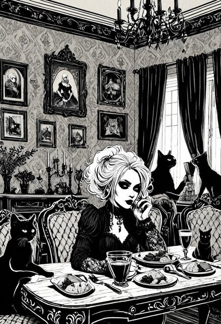 drawing, gothic, digital illustration, flat colors, line art, heavy film grain, black and white, old goth woman in her luxurious dining room with her many cats, blond hair, sexy, creative angle, sexy poses, cowboy_shot