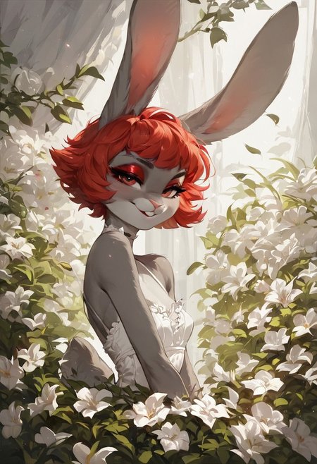 score_9, score_8_up, score_7_up, score_6_up, score_5_up, (flat colored: 1.2),anthro rabbit female, short red hair, gray fur, ,solo, cute, sexy pose, flirty, seductive,seductive expression, horny, aroused,  motion lines, scene, red makeup, dance, flowers