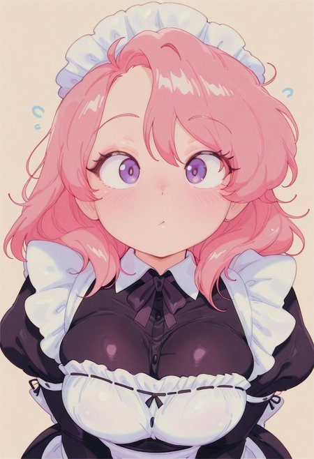 masterpiece, best quality, amazing quality, bluethebon, CivChant, 1girl, solo, purple eyes, pink hair, medium breast, maid, maid unfiorm, black dress, maid apron, maid headdress, looking at viewer, upper body, face focus, simple background