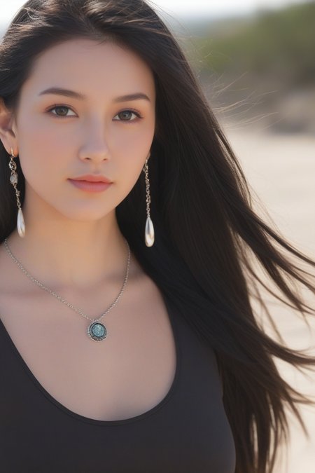 1girl, 20 years old, long hair, windblown hair , black hair, looking at viewer, 
beautiful woman, beautiful face, earrings, necklace, outdoors,