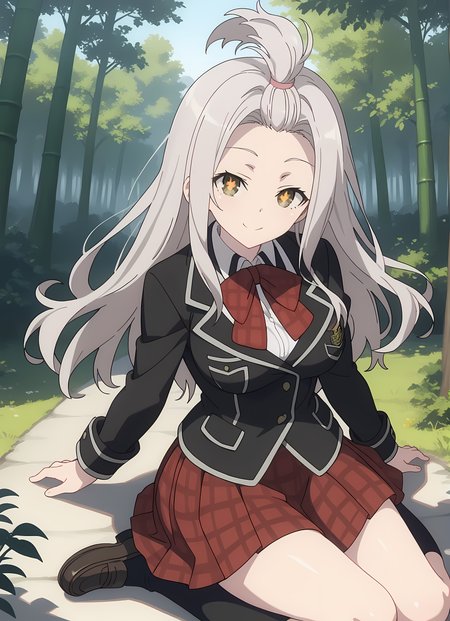 score_9,score_8_up,score_7_up,looking at viewer, shiny skin, upper body, light smile, petite,ohwx, long_hair, grey_hair, yellow_eyes, white_hair, brown_eyes, bangs_pinned_back, topknot, breasts, very_long_hair, large_breasts, symbol-shaped_pupils,school_uniform, bow, jacket, blazer, bowtie, shirt, plaid, skirt, socks, red_bow, bangs_pinned_back, topknot, plaid_skirt, long_sleeves, red_skirt, red_bowtie, black_socks, pleated_skirt, kneehighs, black_jacket, collared_shirt, shoes, loafers, official_style, white_shirt, plaid_bow, ribbon, miniskirt, Pathway through a Japanese forest with towering bamboo trees, quiet and serene, morning light,<lora:yui_kurata_pony_sobsynapse-000001:1>